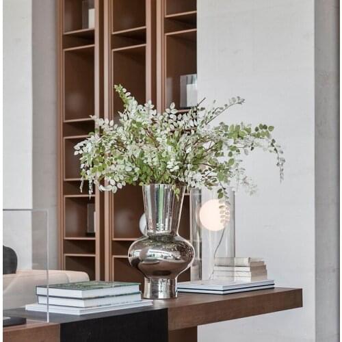 Modern Ceramic Electroplated Silver Flower Vase Decor European Model House Sales Office Entrance Soft Decoration Accessories