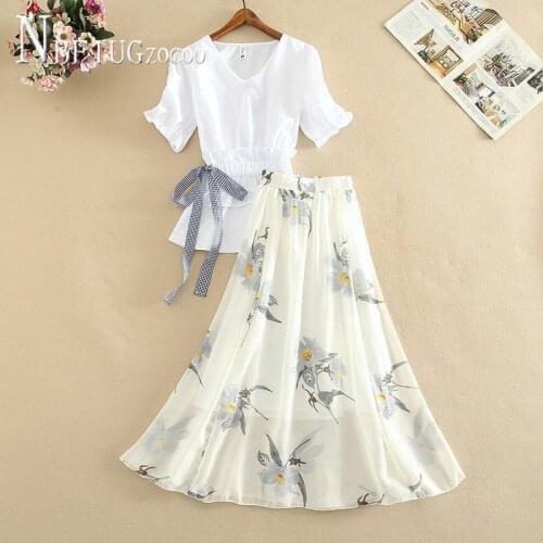 2 Styles Can Choose Women Sets Bowknot Blouse And Flower Printed Skirt Female Sets