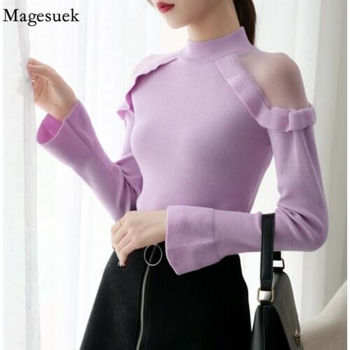 Autumn Winter Sweater Women Flare Sleeve Vintage Jumper Women Sweater Slim White Turtleneck Knitted Sweater Pull Femme 6387 95