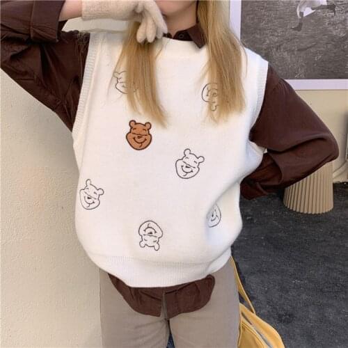 2021 New Women Spring Sleeveless Short Tank Sweater Cartoon Embroidery Vintage Knitted Vest Waistcoat