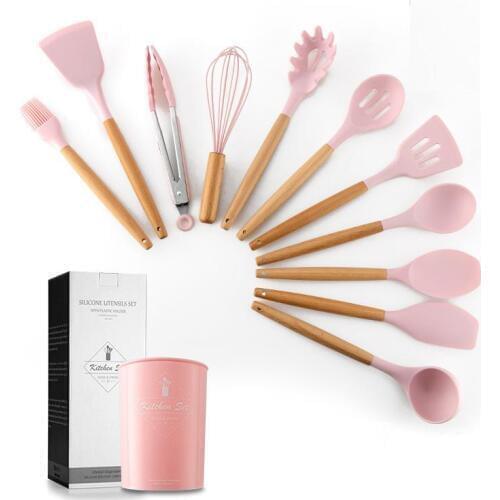 11pcs/Set Silicone Kitchenware Set With Wooden Handle Creative Kitchen Tool With Storage Bucket 12.5x12.5x33.5cm