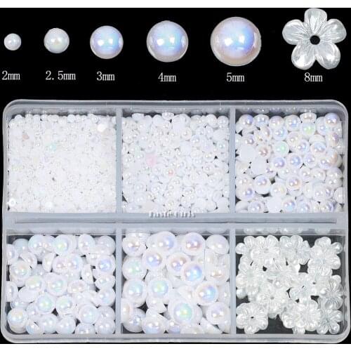 6 Grids/BOX 6 Sizes White Half Pearls SS6-SS20 Colorful AB Jewel Flatback Acrylic Diamonds Nail Art Rhinestones Ornament Set