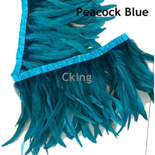 Free shipping 1M peacock blue color Dyed rooster tails feather trims 35-40cm 14-16inch long chicken feather fringes trimming