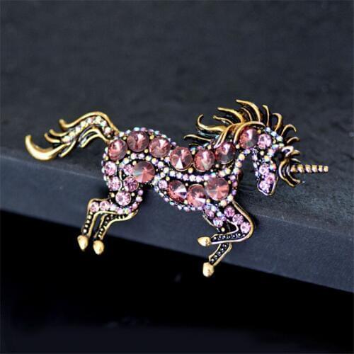 XIAONIANSHI brands Ancient Gold Unicorn Brooch Unique Elegant Art Nouveau Rhinestone Crystal Horse Brooches Pin Pendant Jewelry
