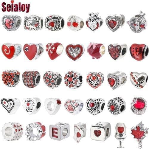 Seialoy Red Love Heart-shaped Beads Fine Charm Fit Original Womens Bracelets & Necklace Handmade Jewelry Accessories Beaded