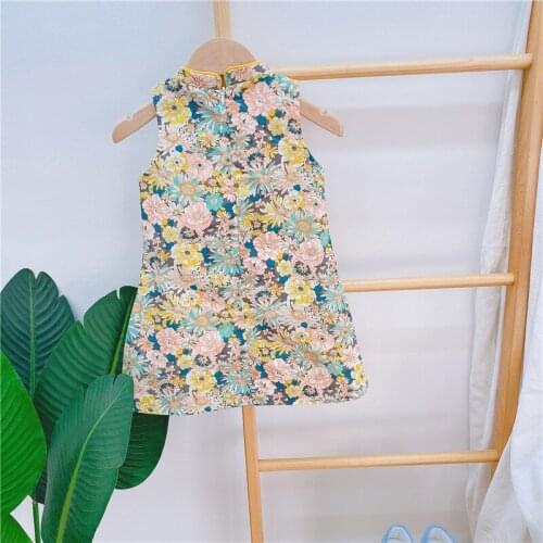 Chinese Style Kids' Dress Summer New Children Girls Traditional Stand-Up Collar Floral Qipao Skirt Cotton High Quality Clothes