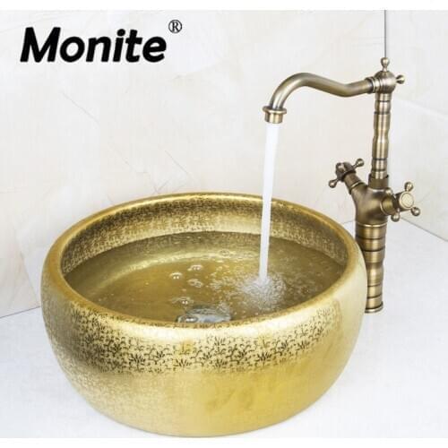 Monite Double Handle Antique Brass Tap Bathroom Sink Washbasin Ceramice Vessel Bath Sink Combine Set Tap Mixer Faucet
