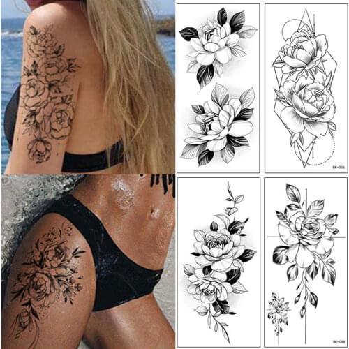 Sketch 3D Black Flower Tattoo Stickers Temporary Sketch Sexy Flower Waterproof Arm Legs Body Art Black Rose Tattoos Sticker