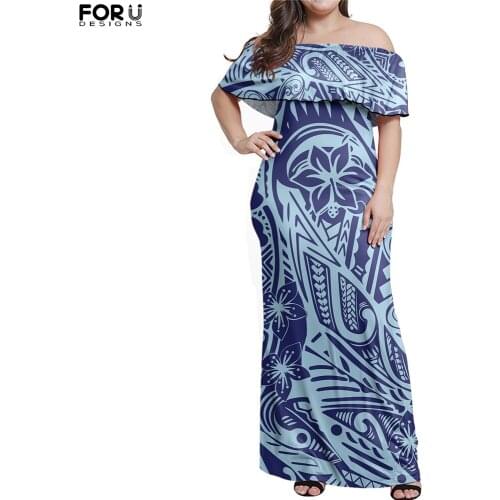 FORUDESIGNS Womens Off The Shoulder Ruffle Dress Polynesian Plumeria Symbol Lady Elegant Breathable Holiday Party Dresses