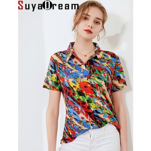 SuyaDream Women Print Polos 100%Real Silk Short Sleeves Casual Shirts 2021 Spring Summer T shirts Plus Size