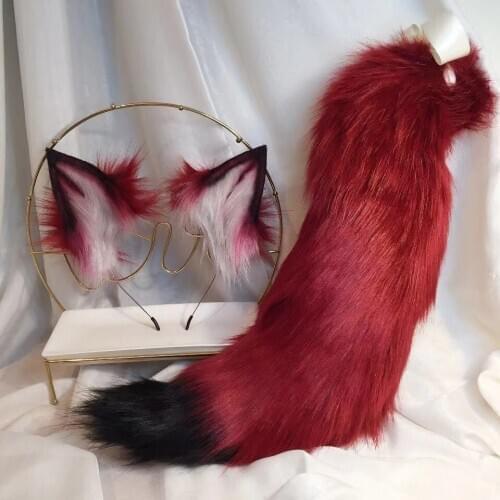 Red Blood Wolf Ears Tails Cat Kitty Fox Vulpe Animal Cosplay Lolita Headwear Gradient Black White Long Synthetic Fur Headband
