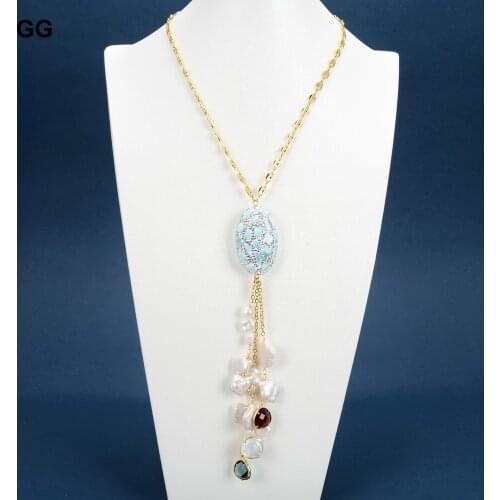 GuaiGuai Jewelry 19'' Freshwater White Keshi Pearl Blue Larimar Pave Crystal Rhinestone Oval Shape Pendant Necklace For Women