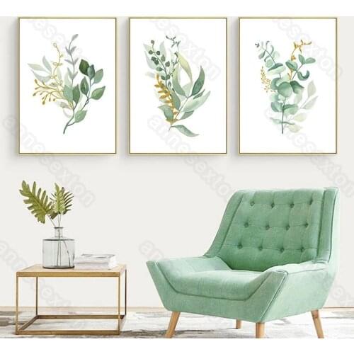 Modern Style Canvas Painting Minimalist Creative Green Plants with Golden Colors Poster and Print for Home Rooms Wall Decoration