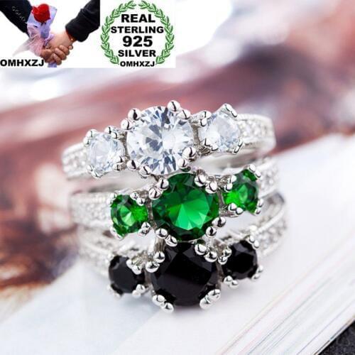 OMHXZJ Wholesale Personality Fashion OL Woman Girl Party Wedding Gift Green Luxury AAA Zircon 925 Sterling Silver Ring RN137