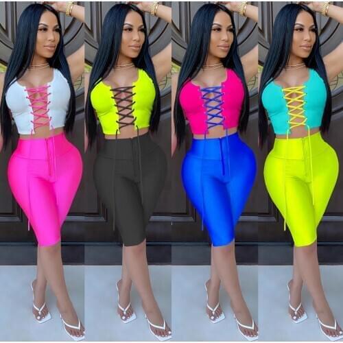 Hollow Out Tie Up Two Pieces Set Tank Vest Drawstring Crop Top Skinny Knee Length Jogger Shorts Fashion Tracksuit Matching Set