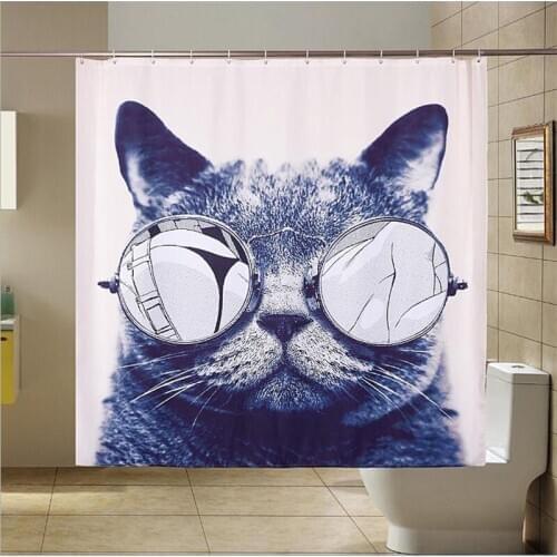 Cool Cat Print Shower Curtains for Kids Bathroom Thick Polyester Fabric Waterproof 1 Piece Grommet Mildew Proof Cartoon Curtain