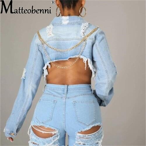 Fashion Sexy Backless Chains Cropped Denim Jacket Women Fall Plus Size Ripped Holes Tassel Casual Streetwear Short Denim Jacket