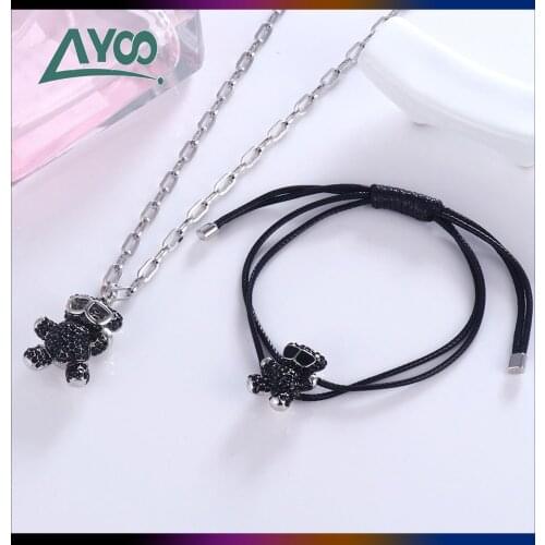 SWA Fashion Jewelry 1:1,Charm TEDDY Shining Sunglasses Black Bear Couple Necklace Bracelet Set For Women Jewelry Romantic Gift