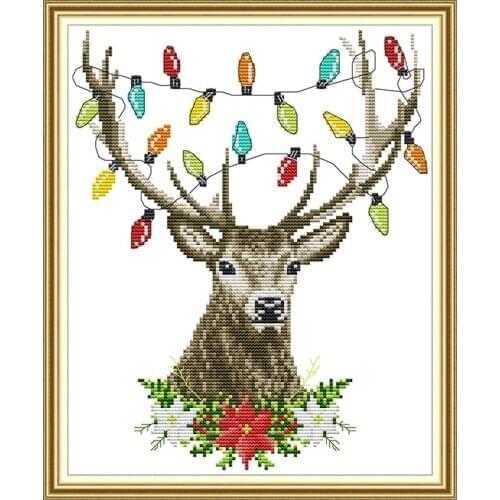 Joy Sunday Cross Stitch Kit Christmas Antlers Patterns 14CT 11CT Printed Cross Stitch Canvas Handmade Embroidery Needlework Sets