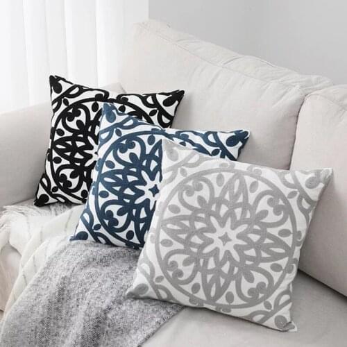 Home Decorative Embroidered Cushion Cover Navy Blue Gray Black Floral Canvas Cotton Square Embroidery Pillow Cover 45x45cm