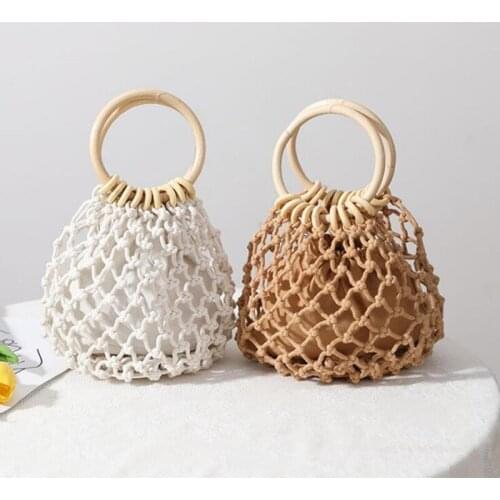2021 new hand-woven bag portable hollow small bag seaside vacation beach bag style cotton net bag hand drawstring