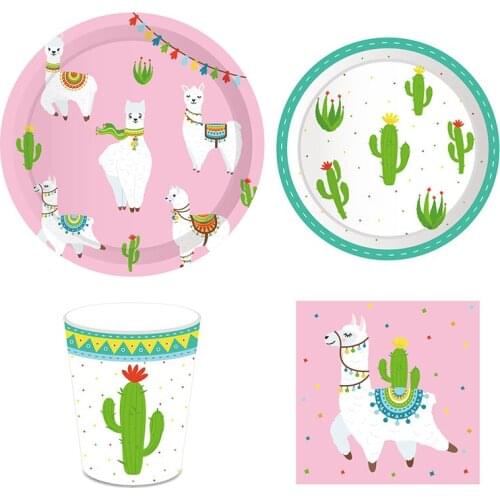 44pcs/set Disposable Tableware Supplies Paper Plates Cups Napkins Llama Alpaca Kids Birthday Baby Shower Party Decoration