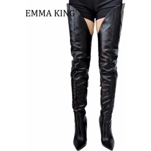 Autumn Winter Women Thigh High Crotch Boots Sexy Black Faux Leather High Heels Long Boots Pointed Toe Night Club Botas De Mujer