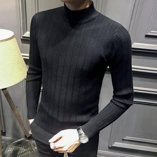 Autumn and Winter Mens Sweater Striped Wild Half-high Neck Long-sleeved Sweater In The Collar Casual Slim Comfortable Sweater
