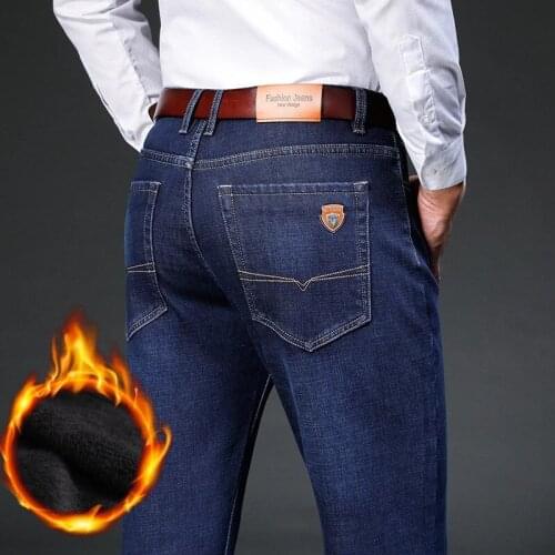 Autumn Winter Denim Jeans For Men Fleece Warm Straight Stretch Regular Mens Jeans Black Classic Vintage Jeans Trousers Clothing