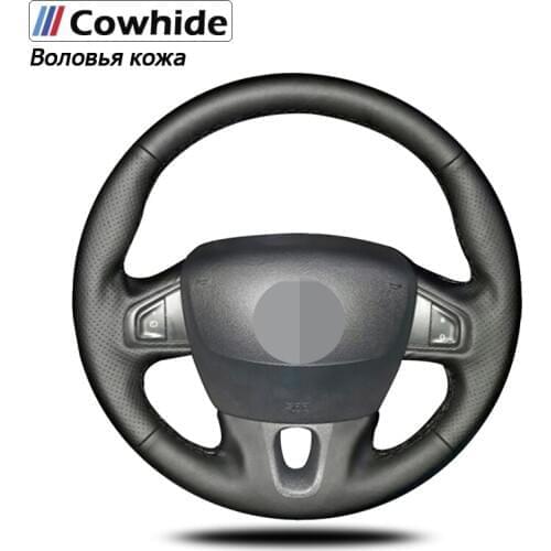 Hand-stitche Black Genuine Leather Car Steering Wheel Cover for Renault Fluence Fluence ZE 2009-2016 Megane 2009-2014
