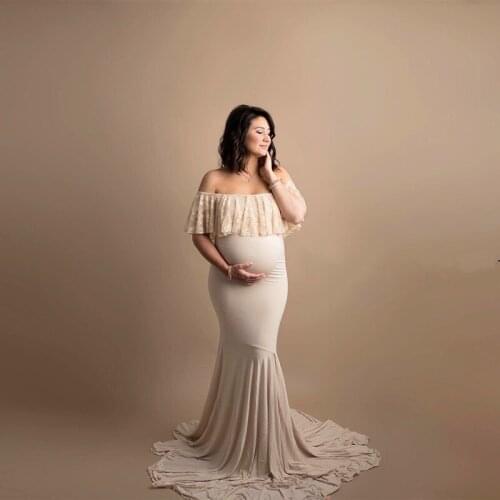 Mermaid Stretchy Jersey Baby Shower Long Dresses Lace Ruffles Maternity Photo Shooting Dress Fitting Pregnancy Dress
