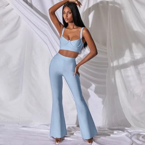 （Sospebgy) 2021 Spring Ladies Sexy Bodycon Bandage 2 Two-piece Sling Sleeveless Top and Flared Pants Club Party Casual Set