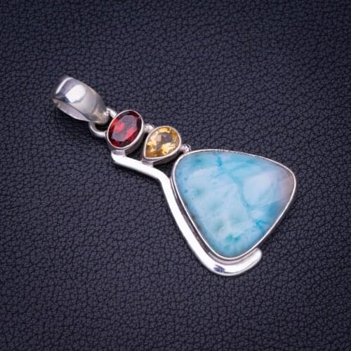StarGems Natural Caribbean Larimar Garnet And Citrine Handmade 925 Sterling Silver Pendant 2" E3653