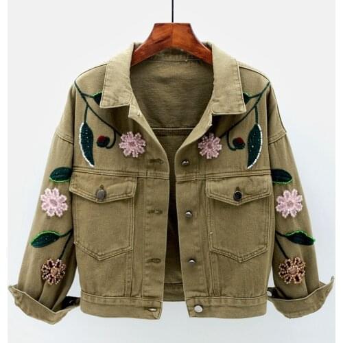 PERHAPS U Women White Pink Khaki Denim Jacket Turn Down Collar Long Sleeve Button Embroidery Beading Short Jacket C0511