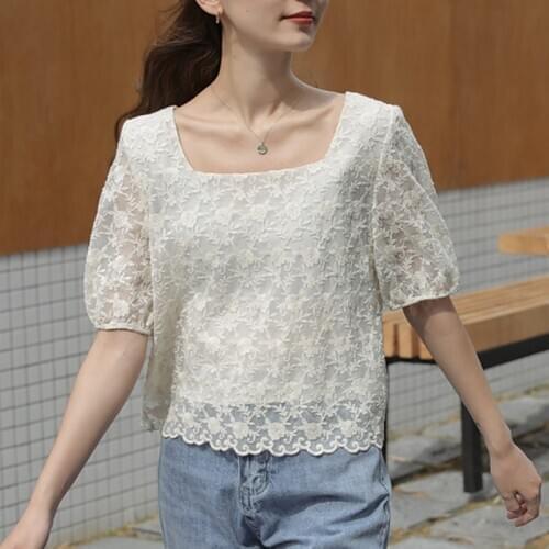 Blusas Mujer Short Sleeve Lace Blouses 2021 Puff Sleeve Vintage Summer Shirts Loose Korean Print Fashion Lady Clothing 10219