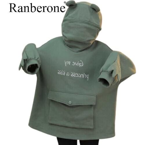 Ranberone Hoodies Women Oversized Sweatshirts Vintage Long Sleeve Hip Hop Sportswear Letters Printed Frog Casual Hooded 2020