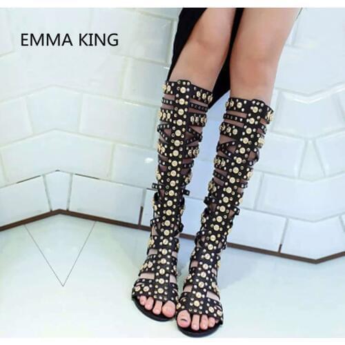 Gold Rivet Studs Women Knee High Gladiator Sandals Boots Open Toe Sexy Ladies Summer Flats Boots Black Fashion Female Punk Shoes