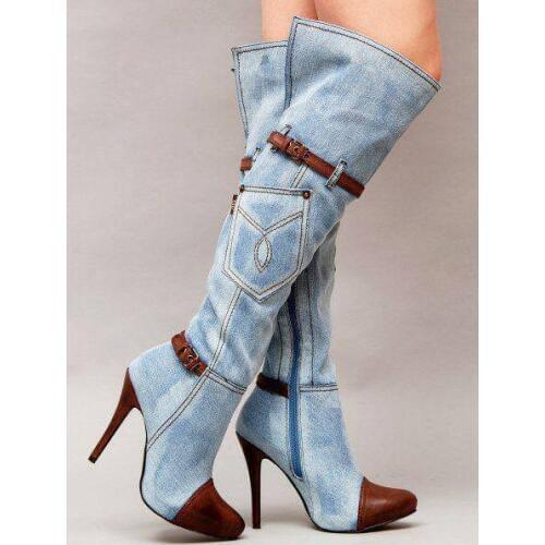 Ladies Chic Light Blue Denim Brown Leather Patchwork Knee High Boots Stiletto Heels Belt Buckle Strap Pocket Boots Big Size 45