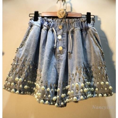 Elastic Waist Shorts Women 2021 Summer European Style New Exquisite Rhinestone Beaded High Waist Slim Wide-Leg Denim Hot Pants