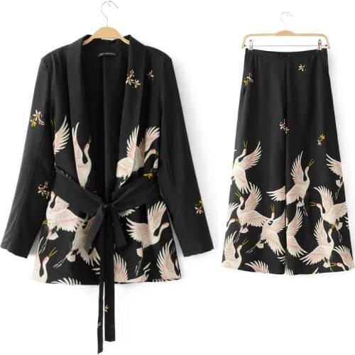 2021 Autumn Vintage Crane Print Set Women Fashion With Sash Cardigan Jacket Coat Casual Wide Leg Pants Two Piece Outfits Female