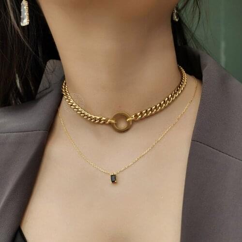 Gold Color 6mm Stainless Steel Round Circle Ring Charm Choker Necklace for Women Curb Cuban Link Chain Stack Jewelry DDN260