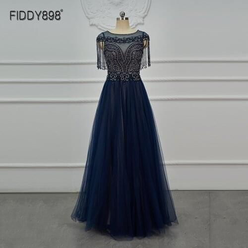 Blue Beaded Formal A Line Evening Dresses Crystal Prom Dresses robe de soiree Luxury Formal Party Dress vestidos de noite