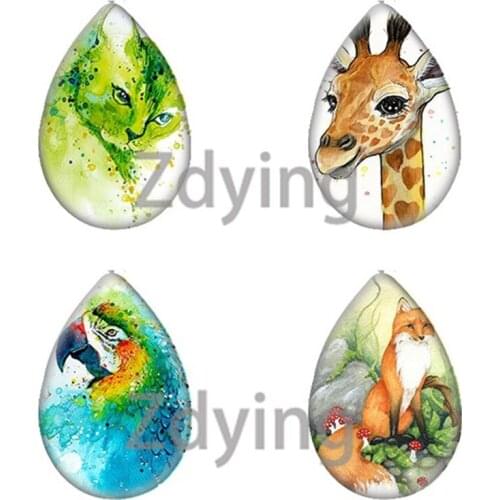 Zdying 10pcs New Animals Peacock Fox Tiger Cat Sheep Glass Picture Cabochon Water Drop Teardrop Shape Beads DIY Jewelry Findings