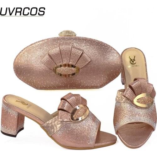 2021 New Arrival Italian Design Champagne Color Nigerian Fashion Ladies Shoes and Bag Set With Flexible Style Decoration