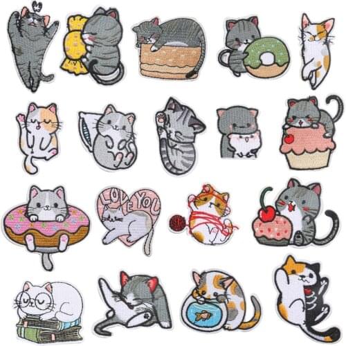 5PCS Cartoon Donut Cat Animal Patches DIY Stripes Appliques Clothes Stickers Iron on Patches for Clothing Embroidery Badges