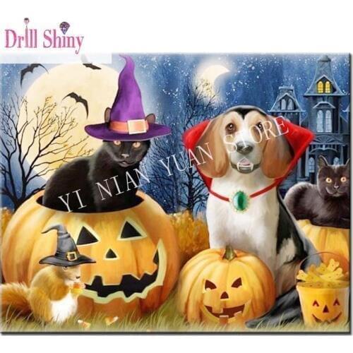 5D Diy Diamond Painting Dog And Cat Cross Stitch Needlework Horror Halloween Home Decorative full Square Diamond Embroidery gif