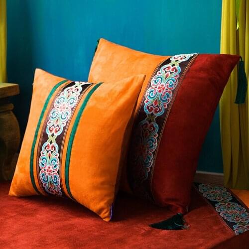 Southeast Asian Style Bodhi Design Throw Pillowcase Suede Two-Color Hand Stitching Tea-Room Pillow Cushion Cover Orange 40X40cm