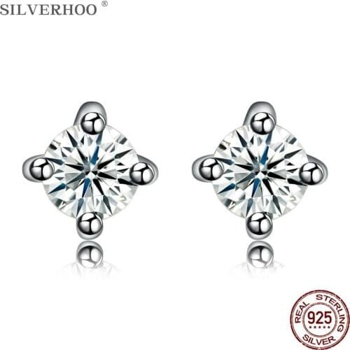 SILVERHOO Sterling Silver 925 Jewelry Small Circle Zircon CZ Smooth Stud Earrings For Women Birthday Gift To Girlfriend On Sale