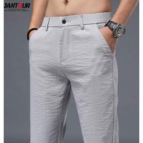 Jantour Summer Mens Casual Pants Men Trousers Male Pant Slim Fit Work Elastic waist Light Thin Cool Breathable Trousers Male