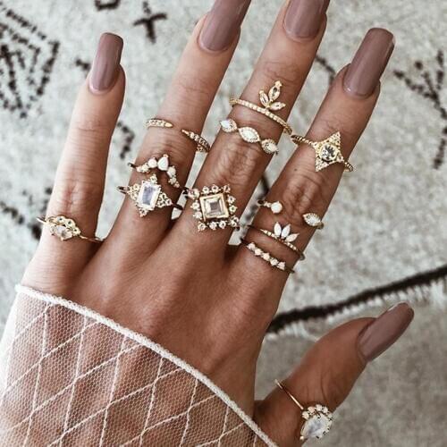 12 Pcs/Set Bohemian Crown Water Drops Stars Geometric Crystal Opal Gem Ring Set Vintage Rings for Women Party Wedding Jewelry